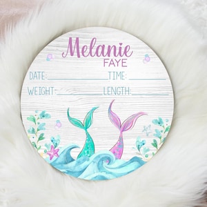 Mermaid Tail Birth Stat Sign, Mermaid Baby Sign, Round Wood Birth Stat Sign, Baby Announcement Sign, Mermaid Decor, Mermaid Nursery O34