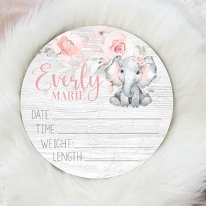 Elephant Birth Stat Sign, Girl Birth Stat Sign, Round Wood Birth Stat Sign, Pink Elephant Sign, Personalized Birth Stat Sign, Baby Gift S52