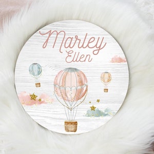 Hot Air Balloon Name Sign, Round Wood Name Sign, Wood Baby Name Sign, Baby Announcement, Girl Travel Name Sign, Adventure Nursery T36