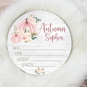 Girl Autumn Birth Stat Sign, Round Wood Birth Stat Sign, Floral Autumn Pumpkin Stat Sign, Autumn Baby Sign, Personalized Birth Stat Sign G34