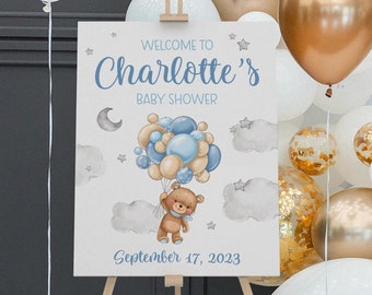 Boy Bear Balloon Baby Shower Welcome Sign, Personalized Baby Shower Poster, Bear Baby Shower Poster, Blue Balloon Baby Shower Decor, T57