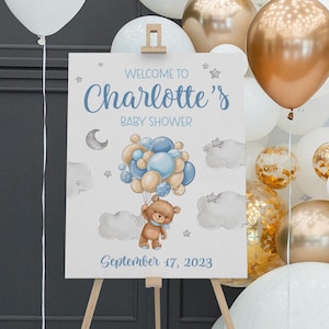 Boy Bear Balloon Baby Shower Welcome Sign, Personalized Baby Shower Poster, Bear Baby Shower Poster, Blue Balloon Baby Shower Decor, T57