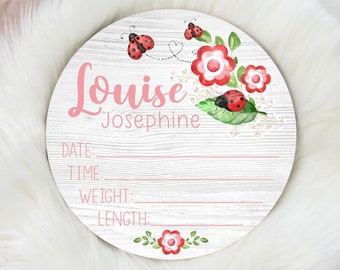 Ladybug Girl Birth Stat Sign, Ladybug Birth Stat Sign, Round Wood Birth Stat Sign, Personalized Birth Stat Sign, Newborn Gift G50