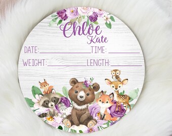 Girl Birth Stat Sign, Round Wood Birth Stat Sign, Woodland Birth Stat Sign, Woodland Animal Sign, Personalized Birth Stat Sign, W28