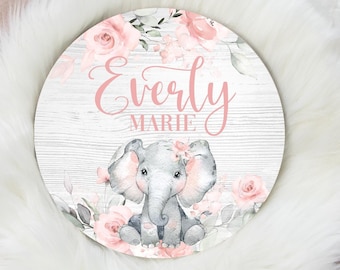 Girl Elephant Wood Name Sign, Pink Roses Elephant Baby Sign, Round Wood Baby Name Sign, Baby Announcement Sign, Safari Nursery Decor S52