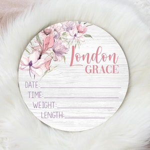 Girl Birth Stat Sign, Blush and Lavender Floral Birth Stat Sign, Round Wood Birth Stat Sign, Personalized Birth Stat Sign, Newborn Gift F88