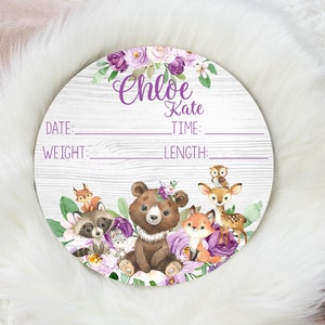 Girl Birth Stat Sign, Round Wood Birth Stat Sign, Woodland Birth Stat Sign, Woodland Animal Sign, Personalized Birth Stat Sign, W28