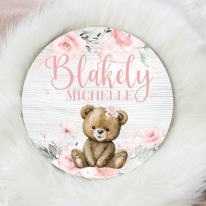 Teddy Bear Round Wood Name Sign, Teddy Bear Baby Sign, Round Wood Baby Name Sign, Baby Announcement Sign, Girl Teddy Bear Nursery G55