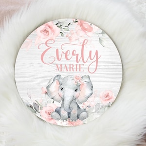 Girl Elephant Wood Name Sign, Pink Roses Elephant Baby Sign, Round Wood Baby Name Sign, Baby Announcement Sign, Safari Nursery Decor S52