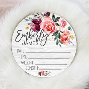 Floral Girl Birth Stat Sign, Pink Floral Birth Stat Sign, Round Wood Birth Stat Sign, Personalized Birth Stat Sign, Newborn Gift F65
