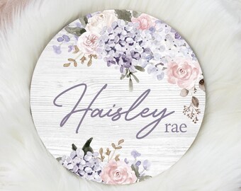 Pink and Purple Hydrangea Round Wood Name Sign, Hydrangea Baby Sign, Round Wood Baby Name Sign, Baby Announcement Sign, Nursery Decor F66