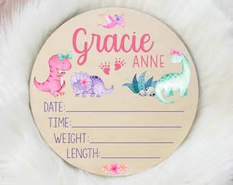 Girl Dinosaur Birth Stat Sign, Round Wood Birth Stat Sign, Dinosaur Nursery, T-Rex Dino Sign, Personalized Birth Stat Sign, Newborn Gift B23