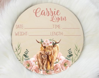 Boho Highland Cow Birth Stat Sign, Cow Birth Stat Sign, Round Wood Birth Stat Sign, Highland Cow Nursery, Personalized Birth Stat Sign C19