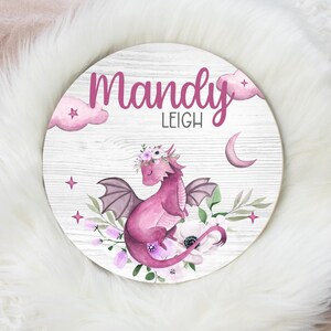 Girl Dragon Round Wood Name Sign, Dragon Baby Name Sign, Round Wood Baby Name Sign, Baby Announcement Sign, Dragon Theme Nursery Decor G21