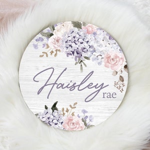 Pink and Purple Hydrangea Round Wood Name Sign, Hydrangea Baby Sign, Round Wood Baby Name Sign, Baby Announcement Sign, Nursery Decor F66