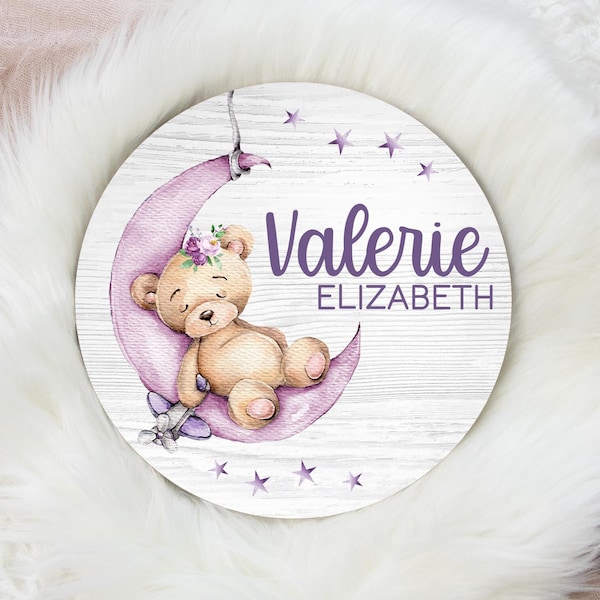 Lullaby Baby Girl Bear Wood Name Sign, Moon Bear Baby Sign, Round Wood Baby Name Sign, Baby Announcement Sign, Moon Bear Decor G26