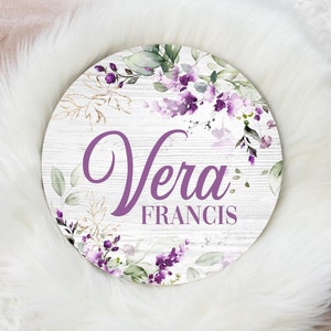 Lavender Floral Bouquets Round Wood Name Sign, Violet Baby Sign, Round Wood Baby Name Sign, Birth Announcement Sign, Violet Nursery F89