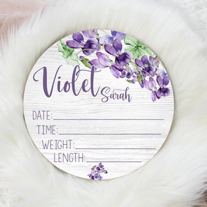 Violet Flowers Birth Stat Sign, Round Wood Birth Stat Sign, Purple Violet Stat Sign, Personalized Birth Stat Sign, Baby Gift F72 image 1