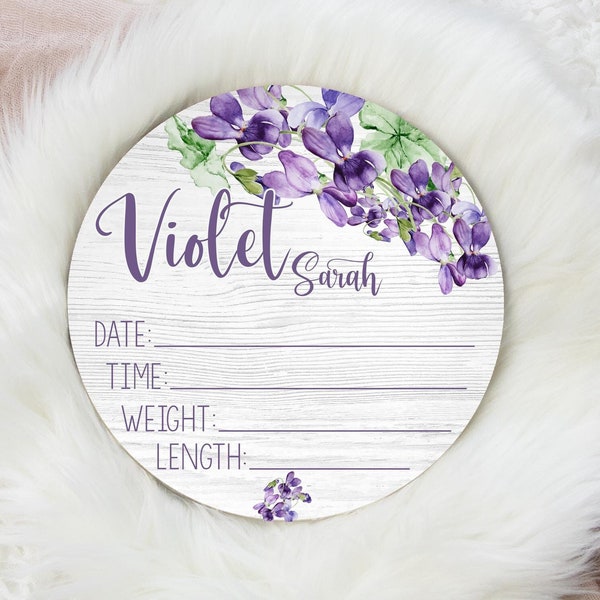 Violet Flowers Birth Stat Sign, Round Wood Birth Stat Sign, Purple Violet Stat Sign, Personalized Birth Stat Sign, Baby Gift F72