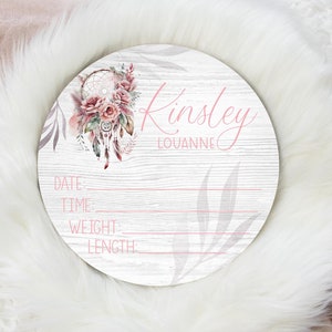 Dreamcatcher Birth Stat Sign, Round Wood Birth Stat Sign, Dreamcatcher Stat Sign, Personalized Birth Stat Sign, Boho Baby Gift G66
