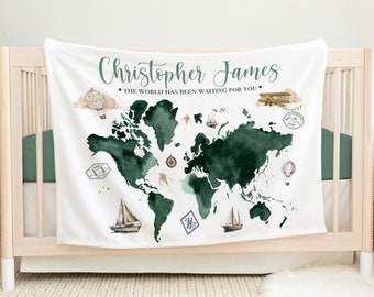 World Map Baby Blanket, Personalized Baby Blanket, Adventure Nursery Theme, Newborn Blanket, Baby Shower Gift, Adventure Map Blanket T65