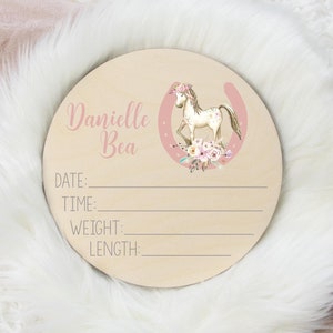 Birth Stat Sign, Round Wood Birth Stat Sign, Pony Birth Stat Sign, Girl Horse Birth Stat Sign, Personalized Birth Stat Sign, Baby Gift C10