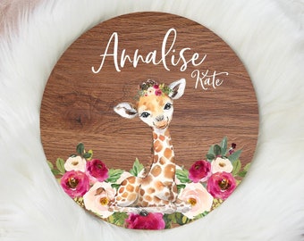 Round Wood Name Sign, Girl Giraffe Name Sign, Floral Giraffe Baby Sign, Bunny Name Sign, Baby Announcement Sign, Safari Nursery Decor S13