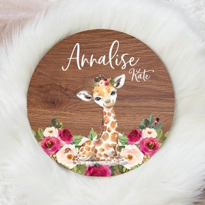 Round Wood Name Sign, Girl Giraffe Name Sign, Floral Giraffe Baby Sign, Bunny Name Sign, Baby Announcement Sign, Safari Nursery Decor S13