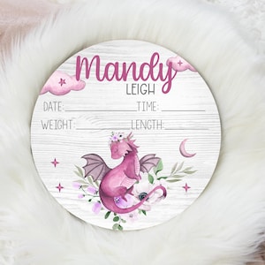 Girl Dragon Birth Stat Sign, Birth Stat Sign, Round Wood Birth Stat Sign, Dragon Birth Announcement, Personalized Birth Stat Sign G21