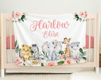 Girl Safari Blanket, Safari Nursery Blanket, Personalized Baby Blanket, Safari Nursery Theme, Newborn Blanket, Lion Elephant Giraffe S2