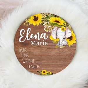 Birth Stat Sign, Round Wood Birth Stat Sign, Elephant Birth Stat Sign, Sunflower Elephant Sign, Personalized Birth Stat Sign, Baby Gift S29