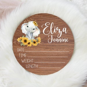 Sunflower Elephant Birth Stat Sign, Birth Stat Sign, Round Wood Birth Stat Sign, Sunflower Elephant Sign, Personalized Birth Stat Sign S57