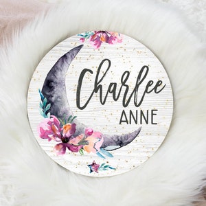 Floral Moon Name Sign, Luna Baby Sign, Round Wood Baby Name Sign, Baby Announcement Sign, Moon and Stars Name Sign, Celestial Name Sign T14