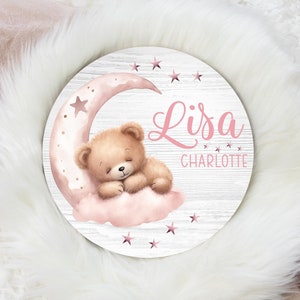 Lullaby Baby Girl Bear Wood Name Sign, Moon Bear Baby Sign, Round Wood Baby Name Sign, Baby Announcement Sign, Moon Bear Decor G70