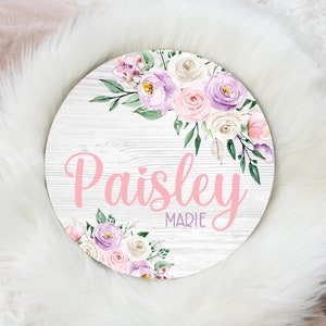 Pink and Purple Floral Round Wood Name Sign, Pink Floral Baby Sign, Round Wood Baby Name Sign, Baby Announcement Sign, Nursery Decor F20