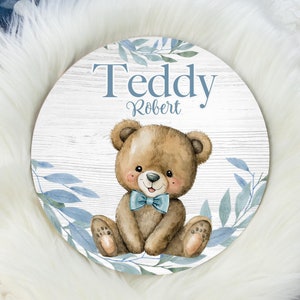 Teddy Bear Round Wood Name Sign, Teddy Bear Baby Sign, Round Wood Baby Name Sign, Baby Announcement Sign, Boy Teddy Bear Nursery B91