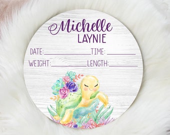 Birth Stat Sign, Round Wood Birth Stat Sign, Girl Turtle Birth Stat Sign, Under The Sea Sign, Personalized Birth Stat Sign, Newborn Gift O7