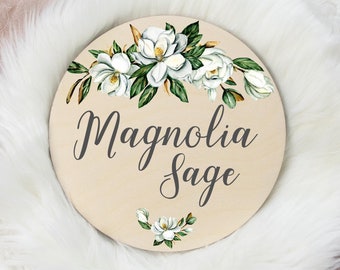 Magnolia Floral Round Wood Name Sign, Mint Magnolia Baby Sign, Round Wood Baby Name Sign, Baby Announcement Sign, Magnolia Nursery Decor F1