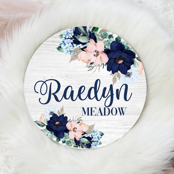 Pink and Navy Floral Round Wood Name Sign, Navy Blush Baby Sign, Round Wood Baby Name Sign, Baby Announcement Sign, Floral Nursery Decor F19