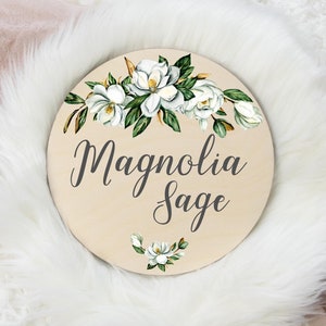 Magnolia Floral Round Wood Name Sign, Mint Magnolia Baby Sign, Round Wood Baby Name Sign, Baby Announcement Sign, Magnolia Nursery Decor F1