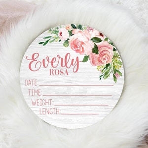 Girl Birth Stat Sign, Pink Rose Floral Birth Stat Sign, Round Wood Birth Stat Sign, Personalized Birth Stat Sign, Newborn Gift F115