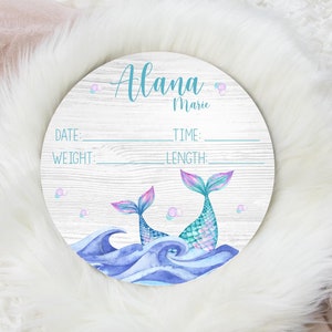 Mermaid Tail Birth Stat Sign, Mermaid Baby Sign, Round Wood Birth Stat Sign, Baby Announcement Sign, Mermaid Decor, Mermaid Nursery Decor O4