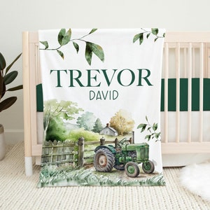 Green Tractor Farm Blanket, Tractor Personalized Baby Blanket, Farm Nursery, Tractor Farm Nursery, Farm Baby Shower, Tractor Blanket C40