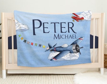 Airplane Baby Blanket, Personalized Baby Blanket, Airplane Nursery Theme, Newborn Airplane Blanket, Baby Shower Gift, Plane Crib Decor T23