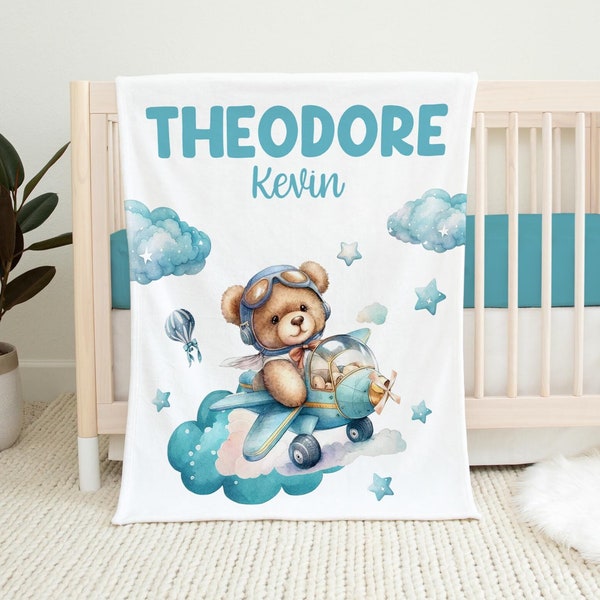 Boy Bear Pilot Blanket, Personalized Bear Airplane Baby Blanket, Airplane Bear Blanket, New Baby Gift, Airplane Nursery, Teddy Bear T62