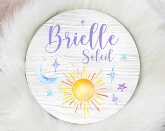 Sun Moon and Stars Name Sign, Round Wood Name Sign, Sunshine Baby Sign, Sun and Moon Name Sign, Baby Announcement Sign, Sunshine Nursery T43