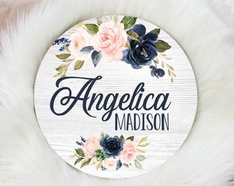 Navy Blush Floral Round Wood Name Sign, Navy Blush Baby Sign, Round Wood Baby Name Sign, Baby Announcement Sign, Floral Nursery Decor F16
