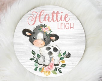 Round Wood Name Sign, Wood Baby Name Sign, Floral Cow Animal Baby Name Sign, Farm Name Sign, Baby Announcement, Farm House Baby Decor C5