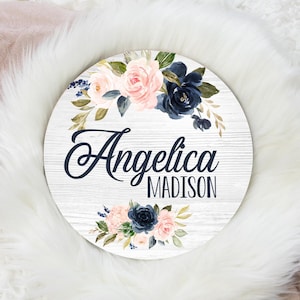 Navy Blush Floral Round Wood Name Sign, Navy Blush Baby Sign, Round Wood Baby Name Sign, Baby Announcement Sign, Floral Nursery Decor F16