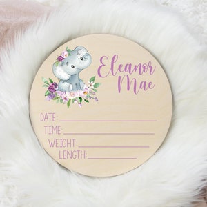 Birth Stat Sign, Round Wood Birth Stat Sign, Elephant Birth Stat Sign, Violet Elephant Sign, Personalized Birth Stat Sign, Newborn Gift S17